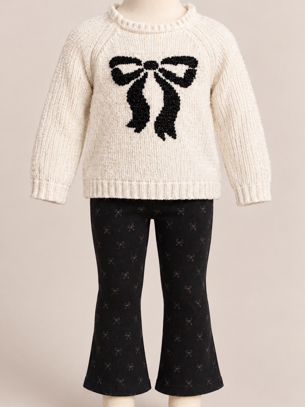 Little Lass Girls 4T Bow Sweater & Flare Pants 2 Piece Outfit Set Black Cream